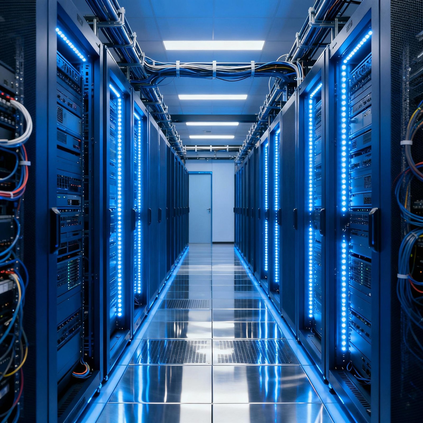 Blue illuminated web hosting server racks in a modern data center